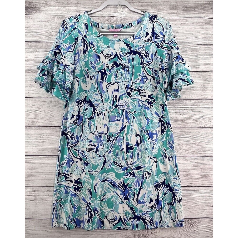 Lilly Pulitzer Lula Shift Mini‎ Dress Elephant Print 3/4 Flounce Sleeve Size S
